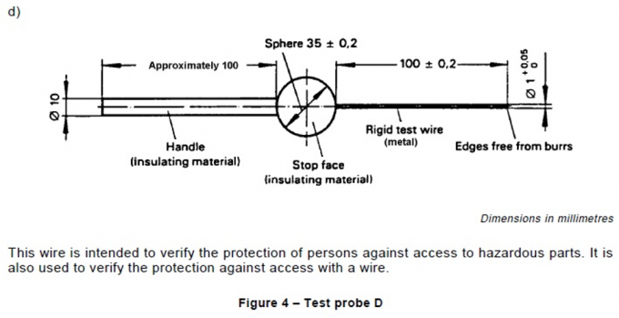 IEC61032 चित्रा 4 सुरक्षा परीक्षण जांच डी खतरनाक भागों परीक्षण के लिए सत्यापित करें 0